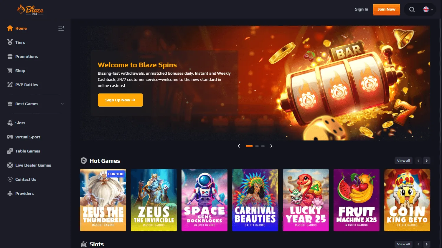 Blaze Spins Casino desktop home experience with account and casino access