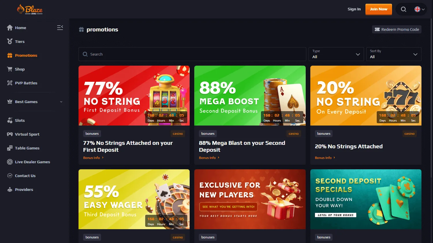 Blaze Spins Casino desktop promotions area with bonuses and promotional features