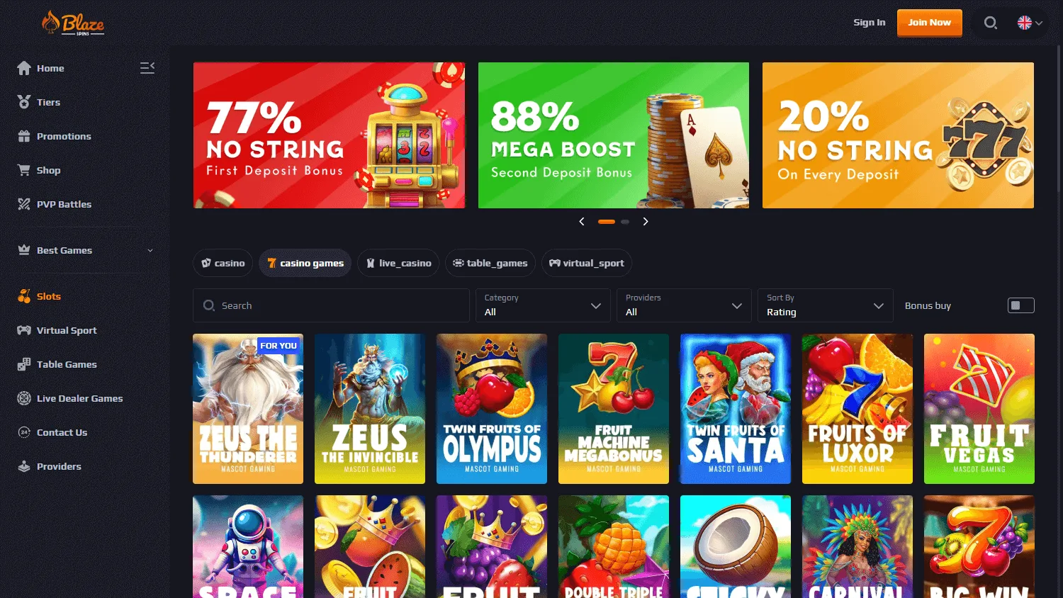 Blaze Spins Casino desktop games area with pokies and table game options